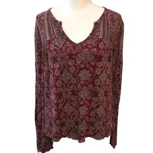 Lucky Brand Burgundy Long Sleeve Floral V-Neck Boho Top Size Medium